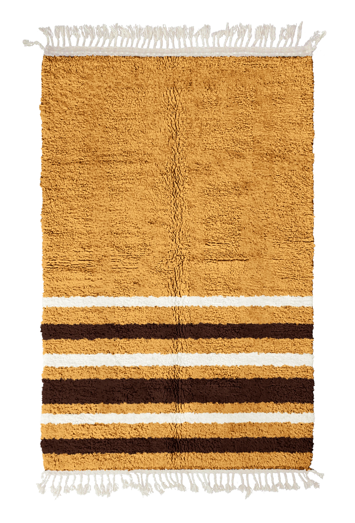 Hem Bands striped wool rug, dark brown bands and cream stripes on ochre yellow, full view