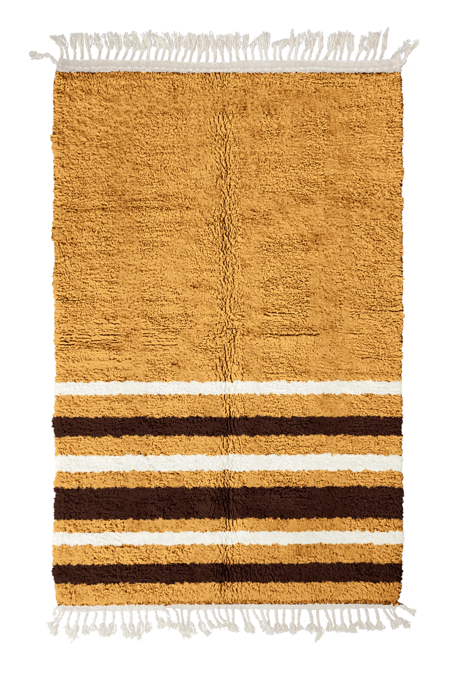 Hem Bands striped wool rug, dark brown bands and cream stripes on ochre yellow, full view