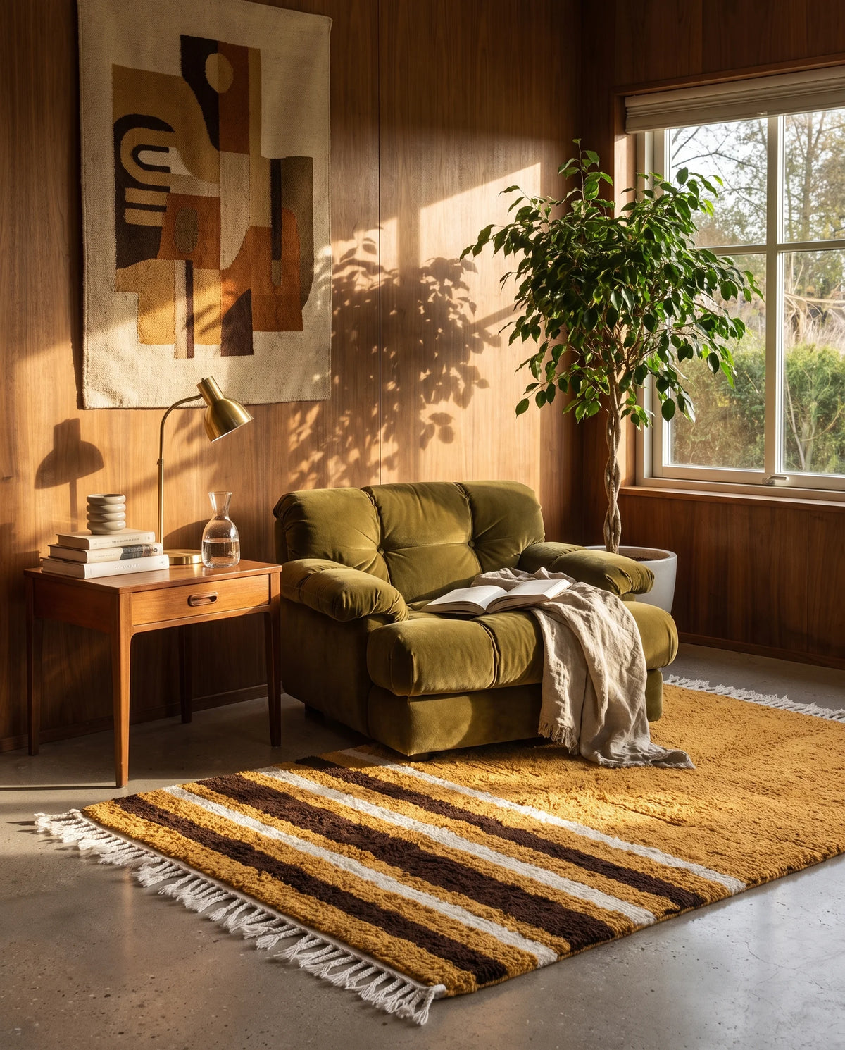 Brown, Cream and Ochre Yellow striped wool rug in a furnished room