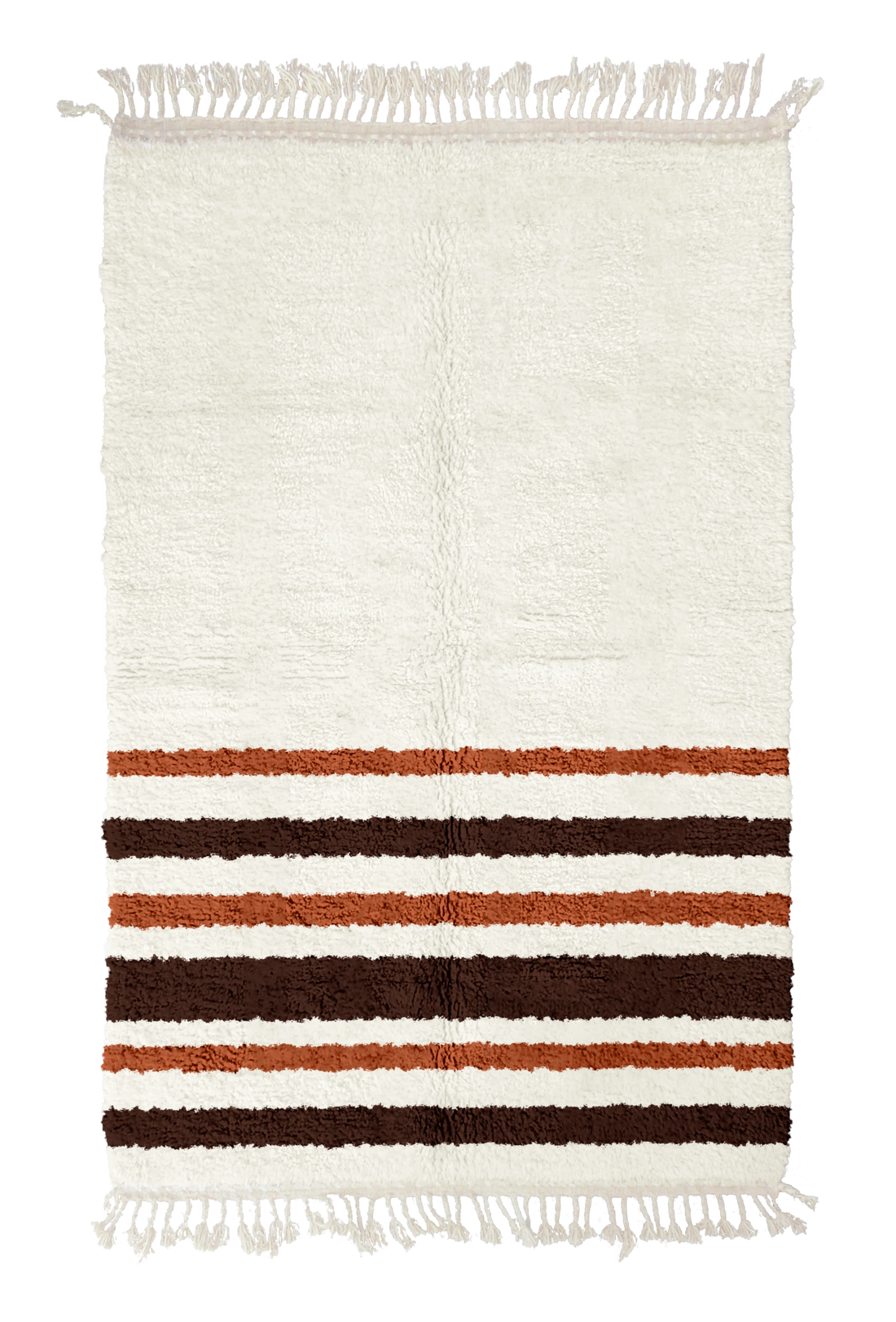 Hem Bands striped wool rug, dark brown bands and terracotta stripes on cream, full view