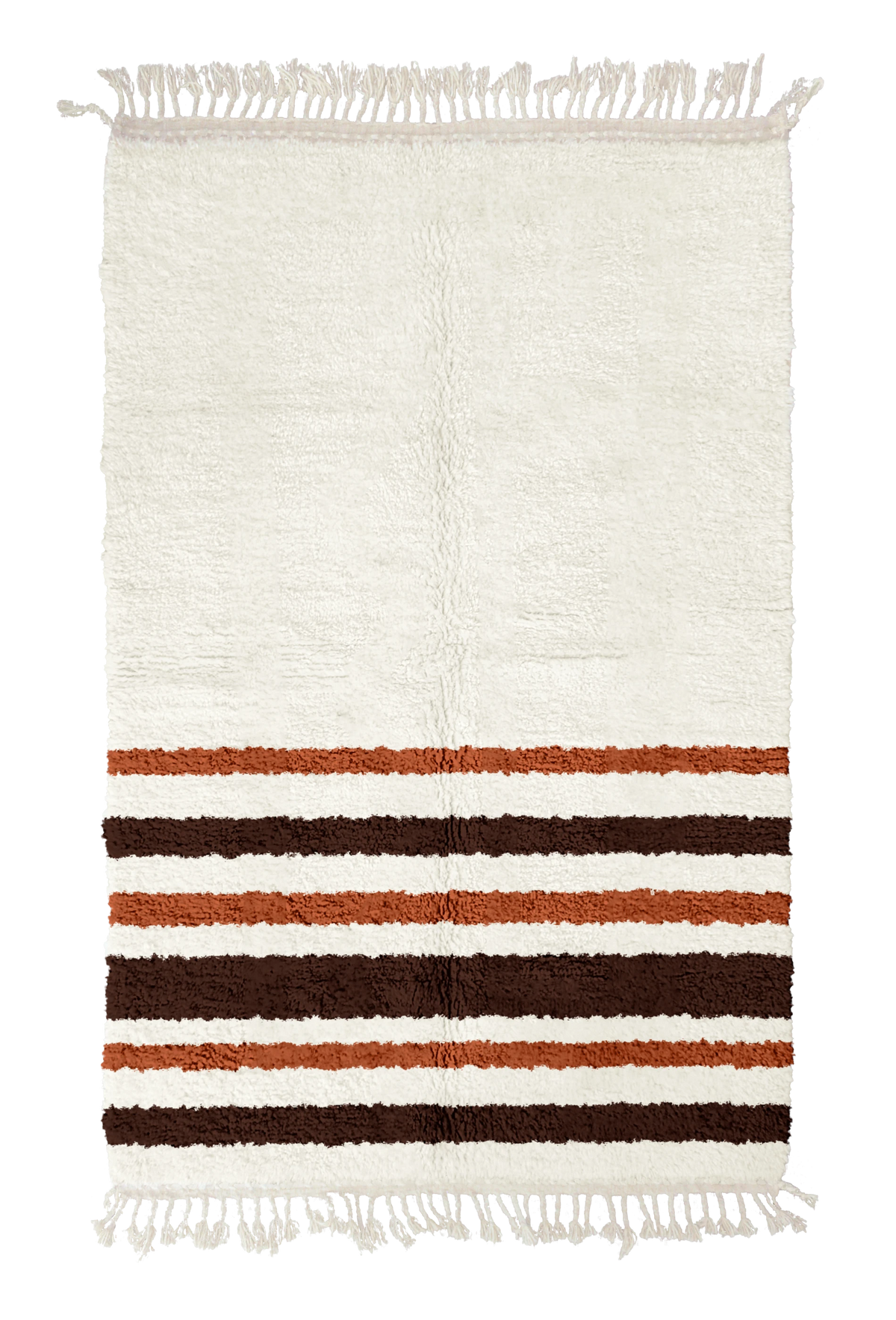 Hem Bands striped wool rug, dark brown bands and terracotta stripes on cream, full view
