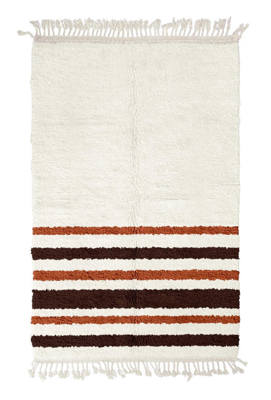 Hem Bands striped wool rug, dark brown bands and terracotta stripes on cream, full view