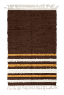 Hem Bands striped wool rug, cream bands and ochre yellow stripes on dark espresso brown, full view