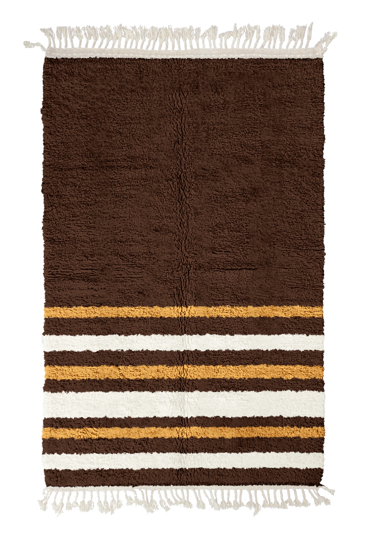 Hem Bands striped wool rug, cream bands and ochre yellow stripes on dark espresso brown, full view
