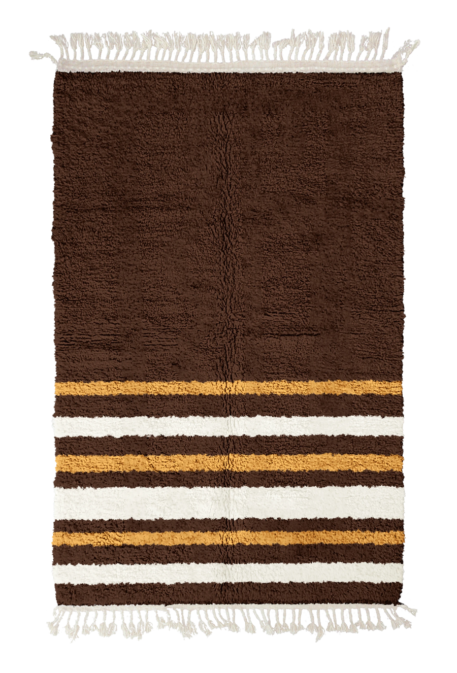 Hem Bands striped wool rug, cream bands and ochre yellow stripes on dark espresso brown, full view