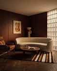 Load image into Gallery viewer, Cream, Ochre Yellow and Dark Brown striped wool rug in a furnished room
