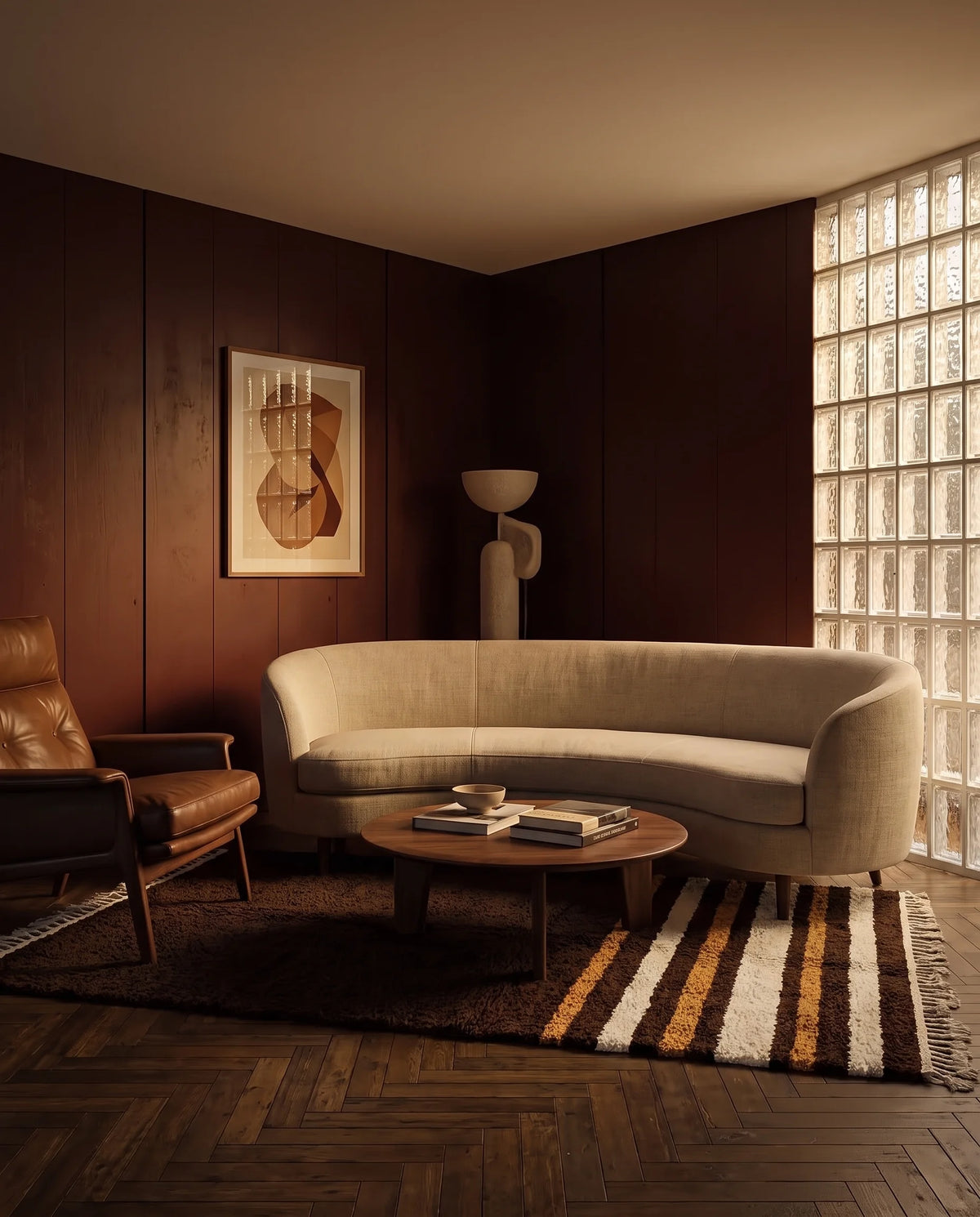 Cream, Ochre Yellow and Dark Brown striped wool rug in a furnished room