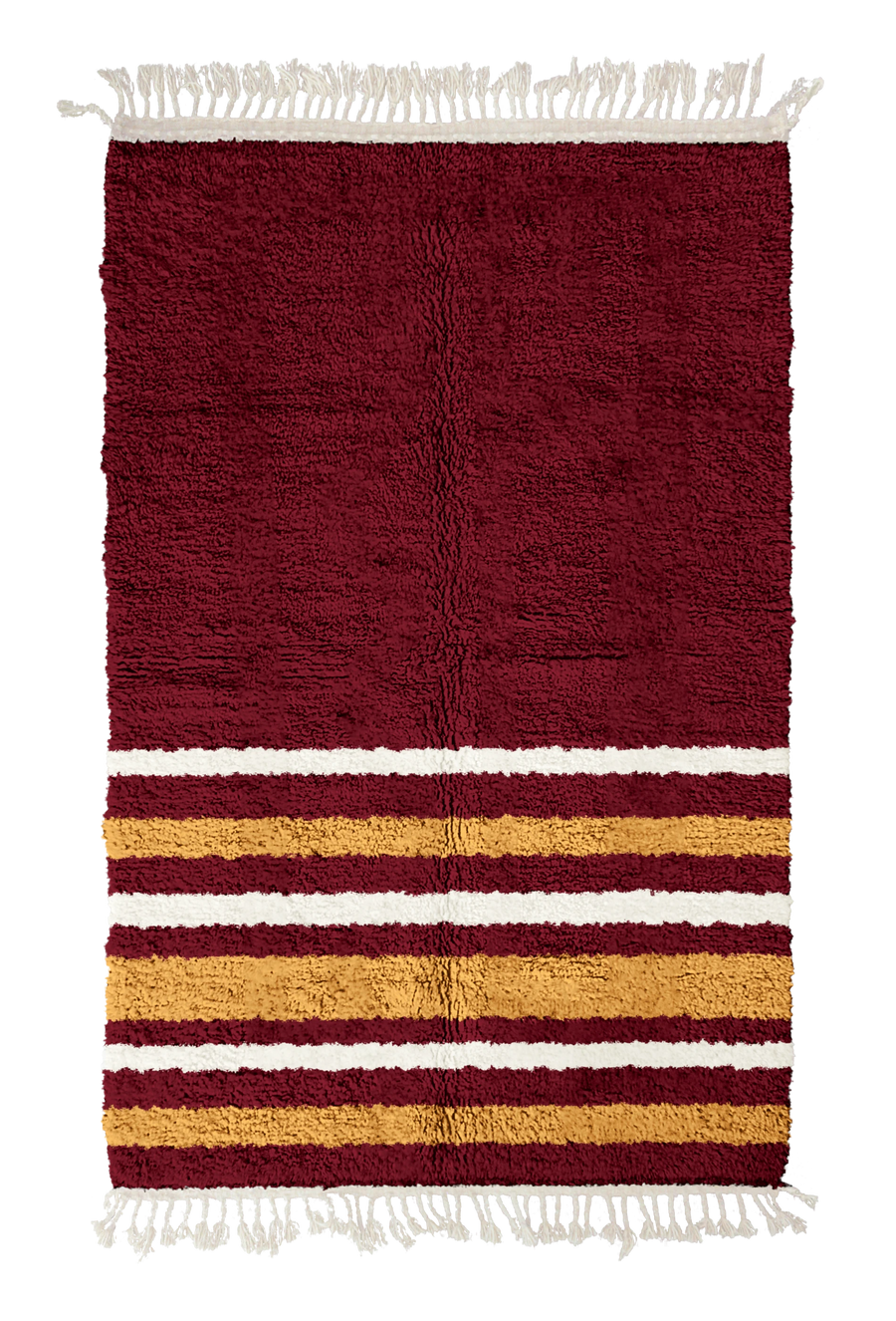 Hem Bands striped wool rug, ochre yellow bands and cream stripes on burgundy, full view