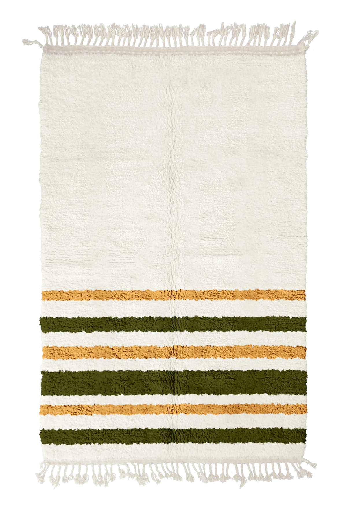Hem Bands striped wool rug, olive green bands and ochre yellow stripes on cream, full view