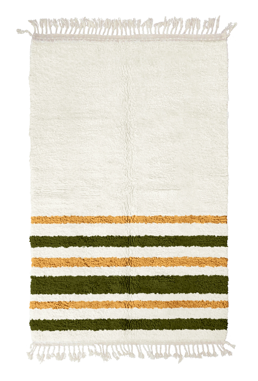Hem Bands striped wool rug, olive green bands and ochre yellow stripes on cream, full view