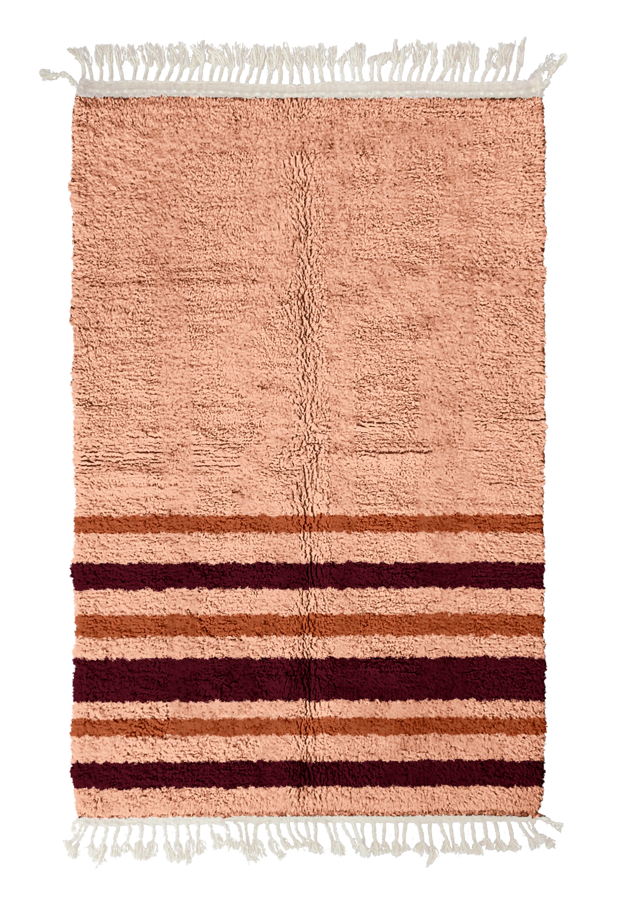 Hem Bands striped wool rug, oxblood red bands and terracotta stripes on blush pink, full view