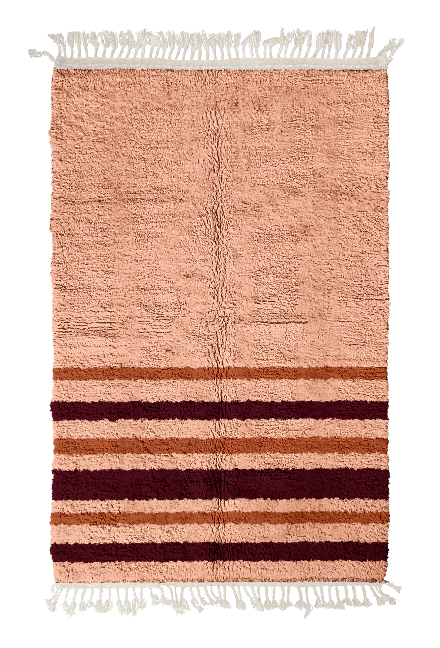 Hem Bands striped wool rug, oxblood red bands and terracotta stripes on blush pink, full view