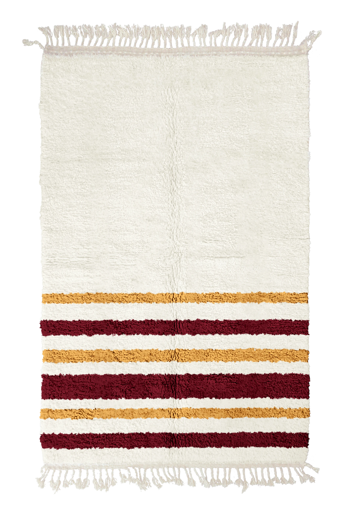Hem Bands striped wool rug, burgundy bands and ochre yellow stripes on cream, full view