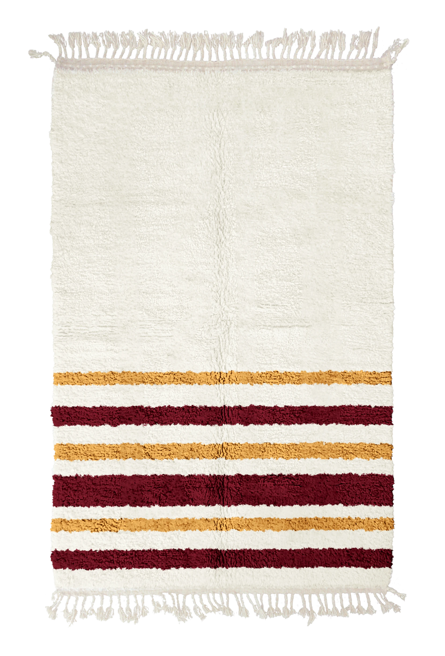 Hem Bands striped wool rug, burgundy bands and ochre yellow stripes on cream, full view