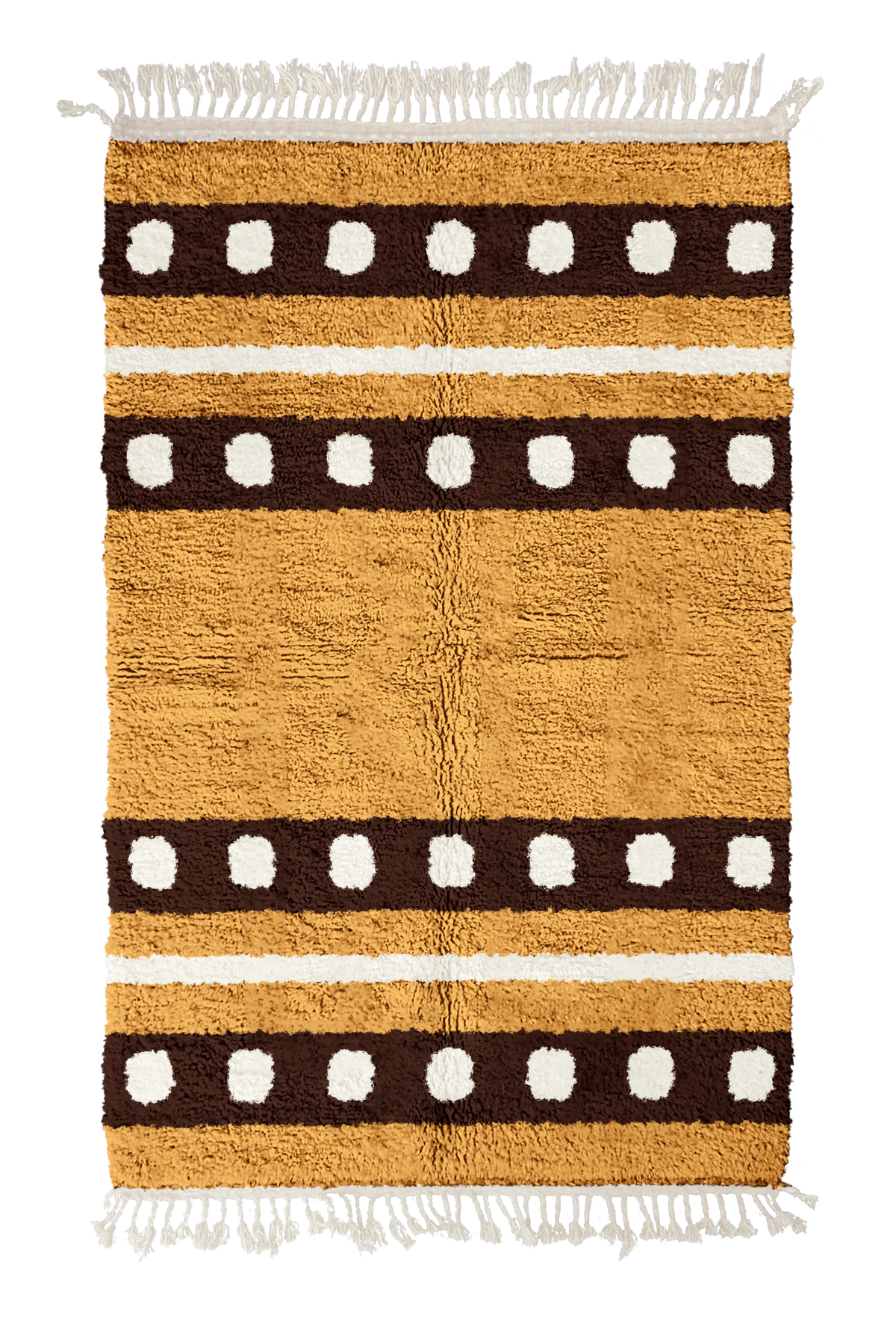 Dot Bands striped wool rug, dark brown bands and cream stripes on ochre yellow, full view