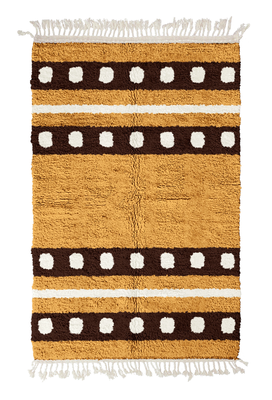 Dot Bands striped wool rug, dark brown bands and cream stripes on ochre yellow, full view