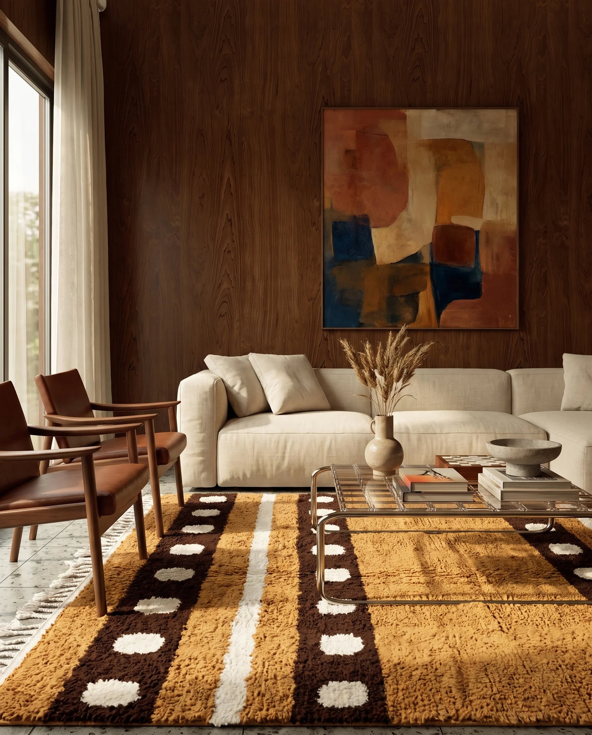 Brown, Cream and Ochre Yellow striped wool rug in a furnished room