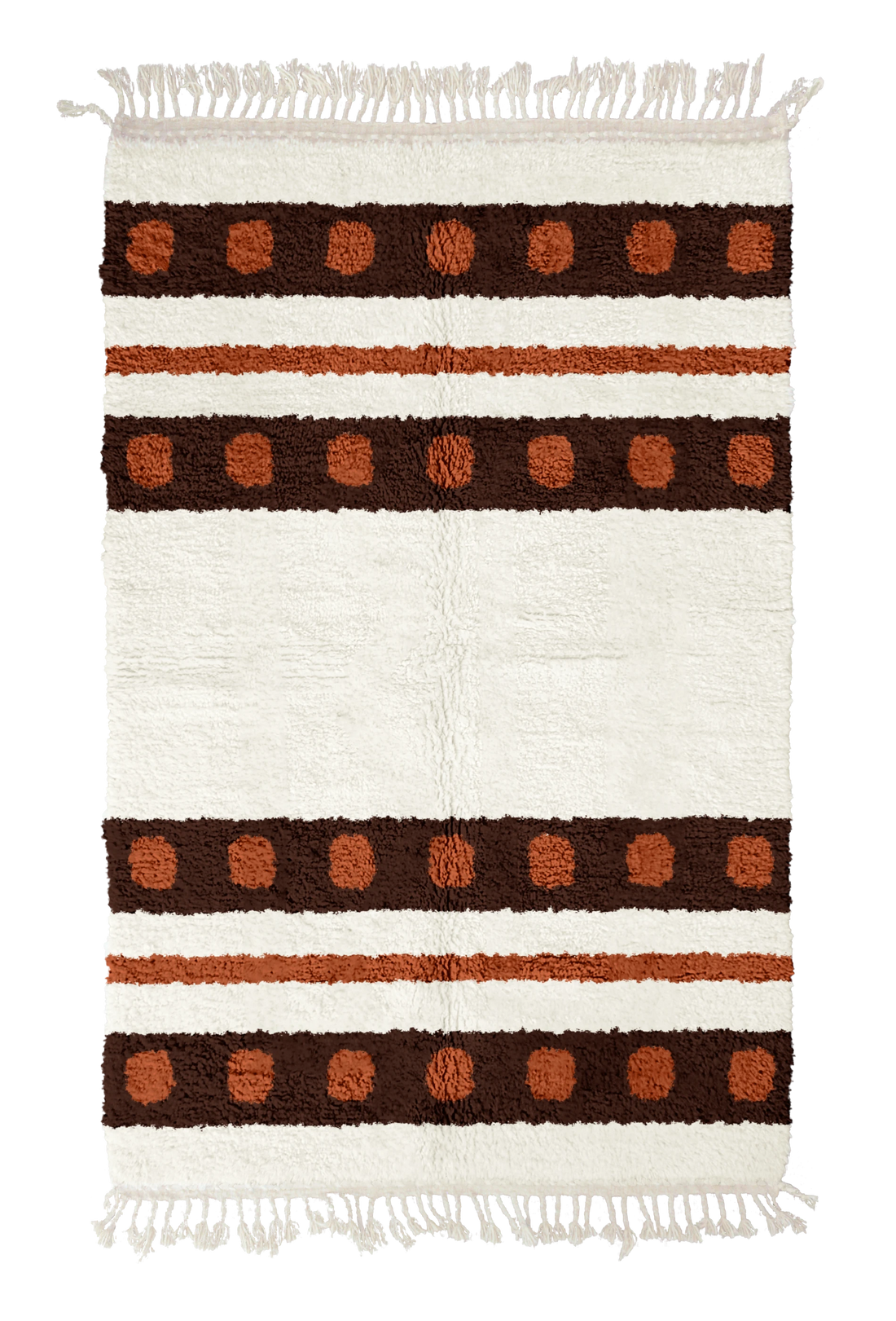 Dot Bands striped wool rug, dark brown bands and terracotta stripes on cream, full view