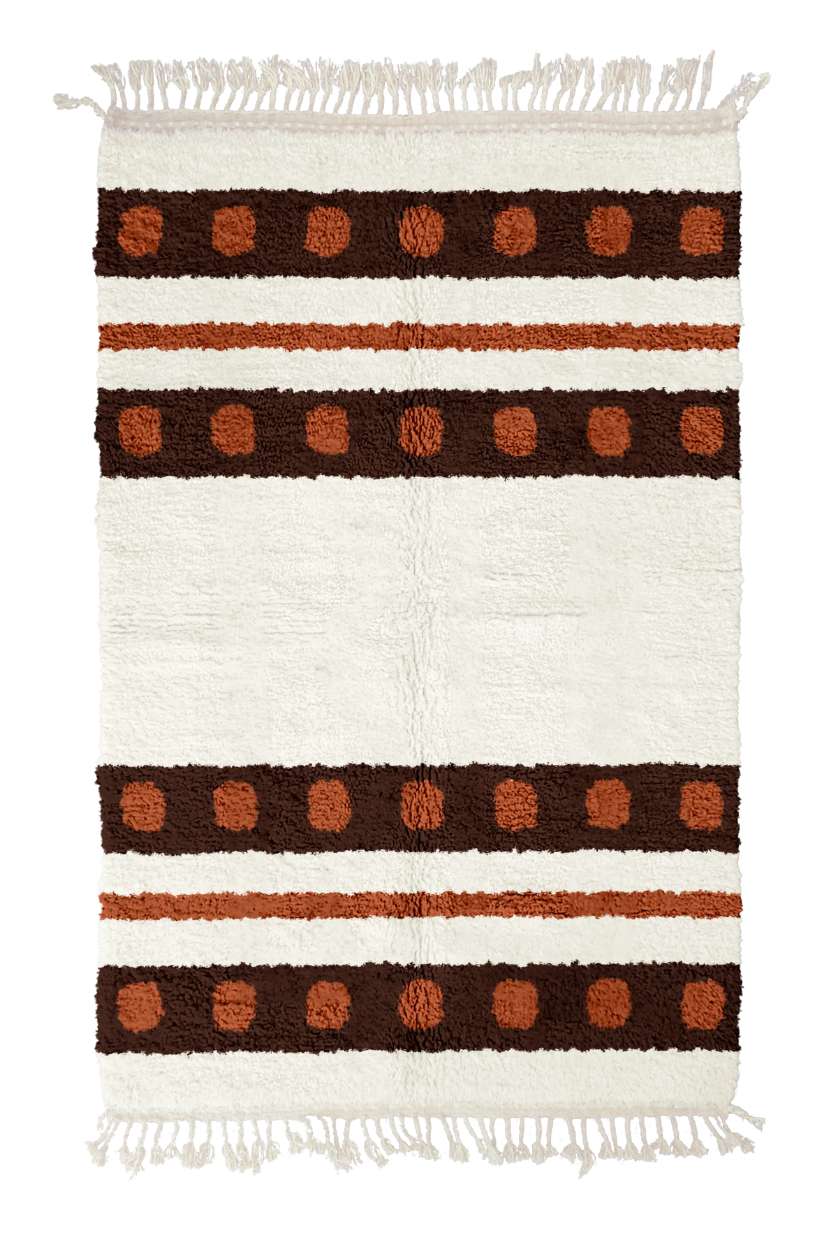Dot Bands striped wool rug, dark brown bands and terracotta stripes on cream, full view