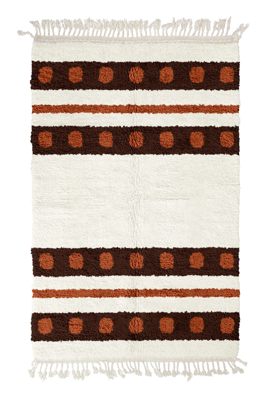 Dot Bands striped wool rug, dark brown bands and terracotta stripes on cream, full view