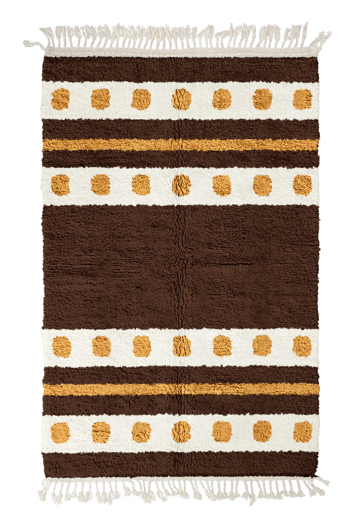 Dot Bands striped wool rug, cream bands and ochre yellow stripes on dark espresso brown, full view