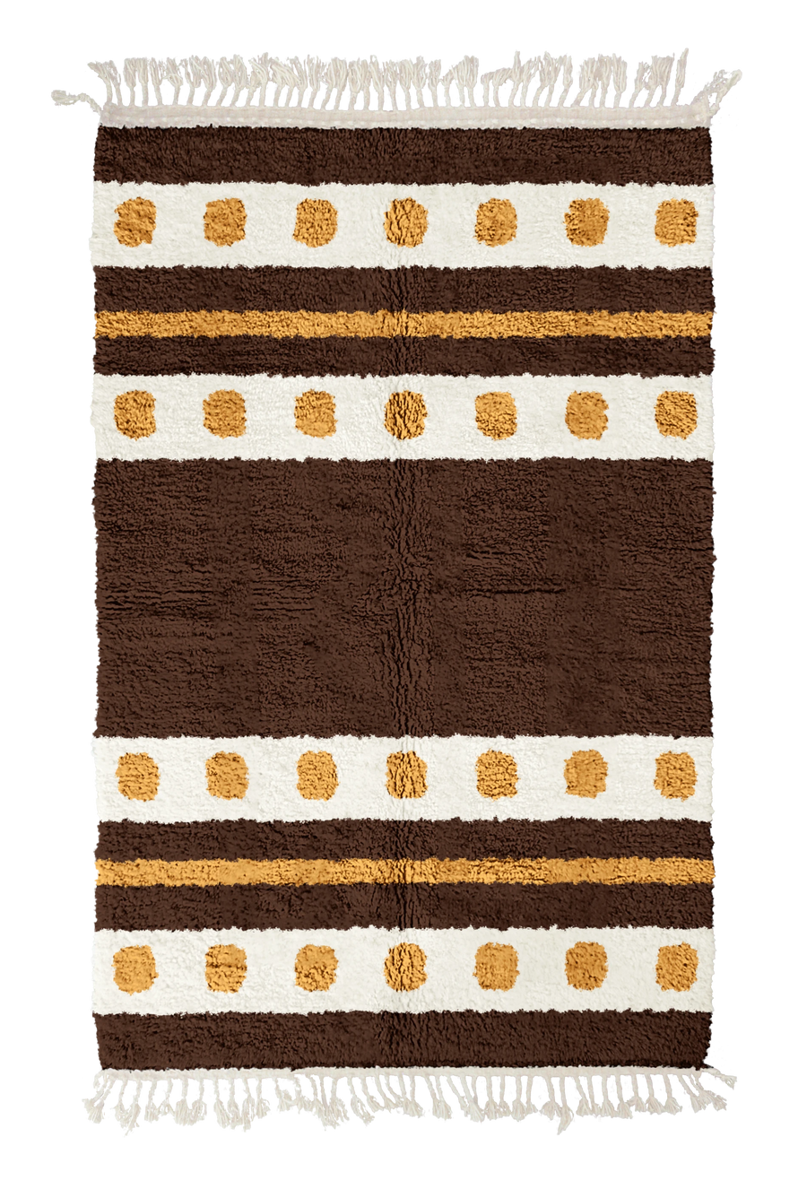Dot Bands striped wool rug, cream bands and ochre yellow stripes on dark espresso brown, full view