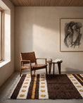 Load image into Gallery viewer, Cream, Ochre Yellow and Dark Brown striped wool rug in a furnished room
