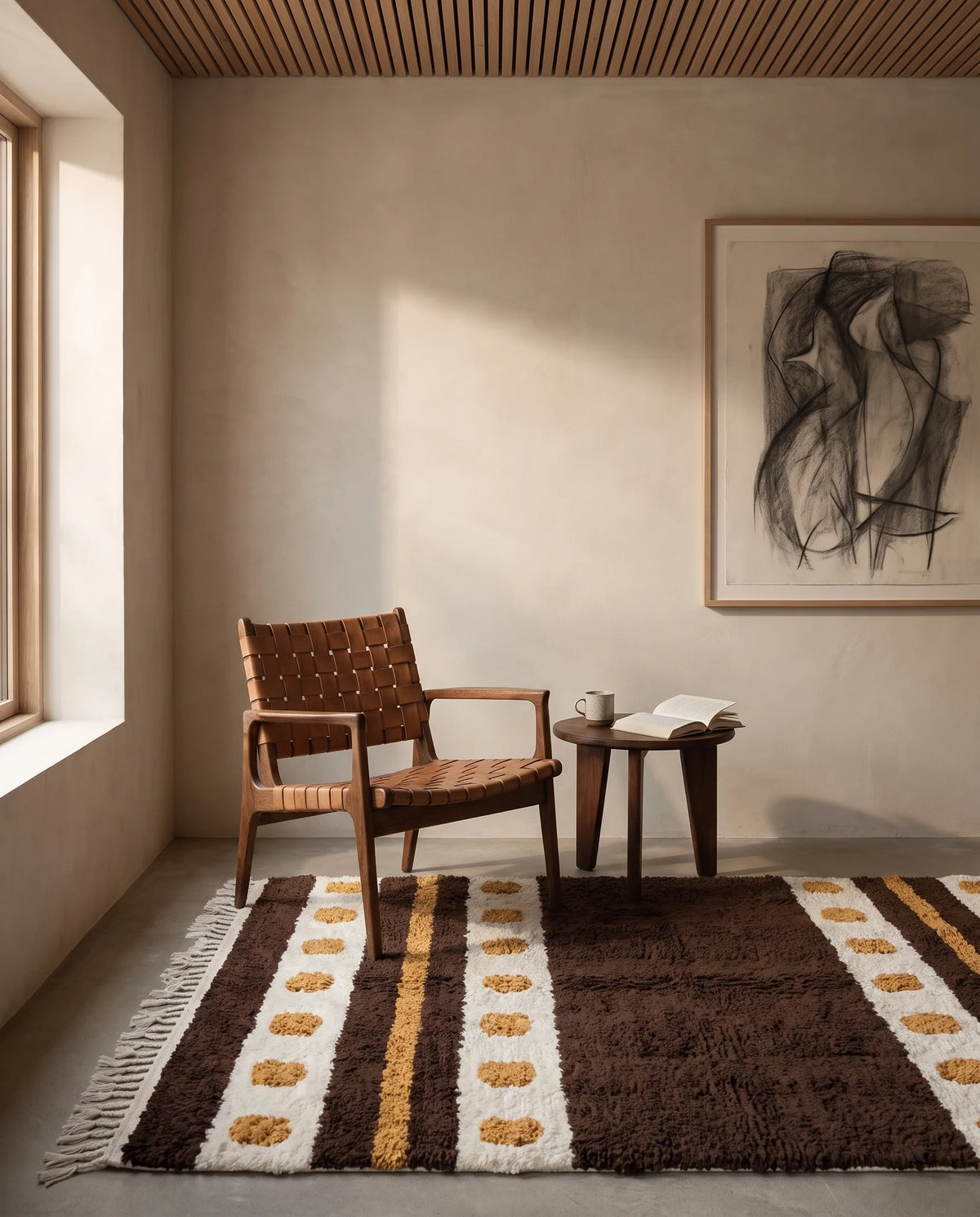 Cream, Ochre Yellow and Dark Brown striped wool rug in a furnished room