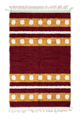 Load image into Gallery viewer, Dot Bands striped wool rug, ochre yellow bands and cream stripes on burgundy, full view
