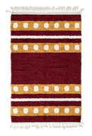 Dot Bands striped wool rug, ochre yellow bands and cream stripes on burgundy, full view