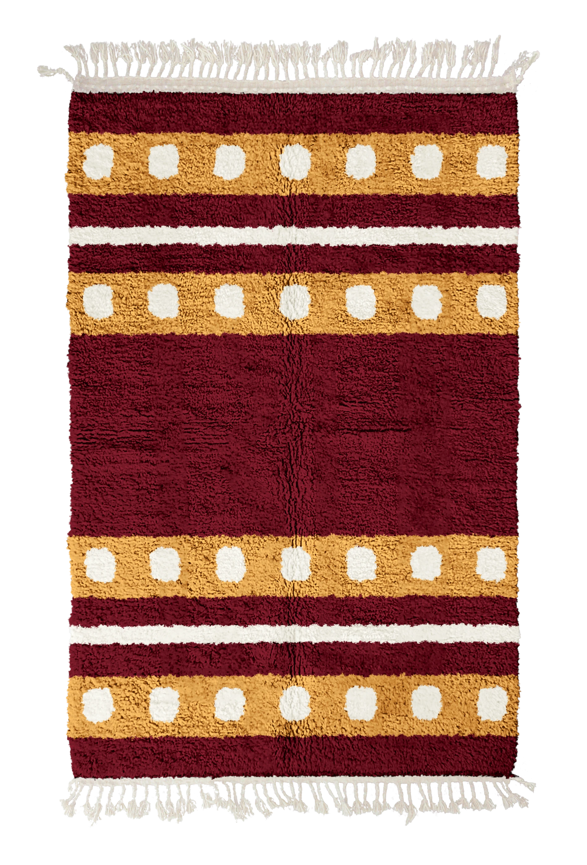 Dot Bands striped wool rug, ochre yellow bands and cream stripes on burgundy, full view