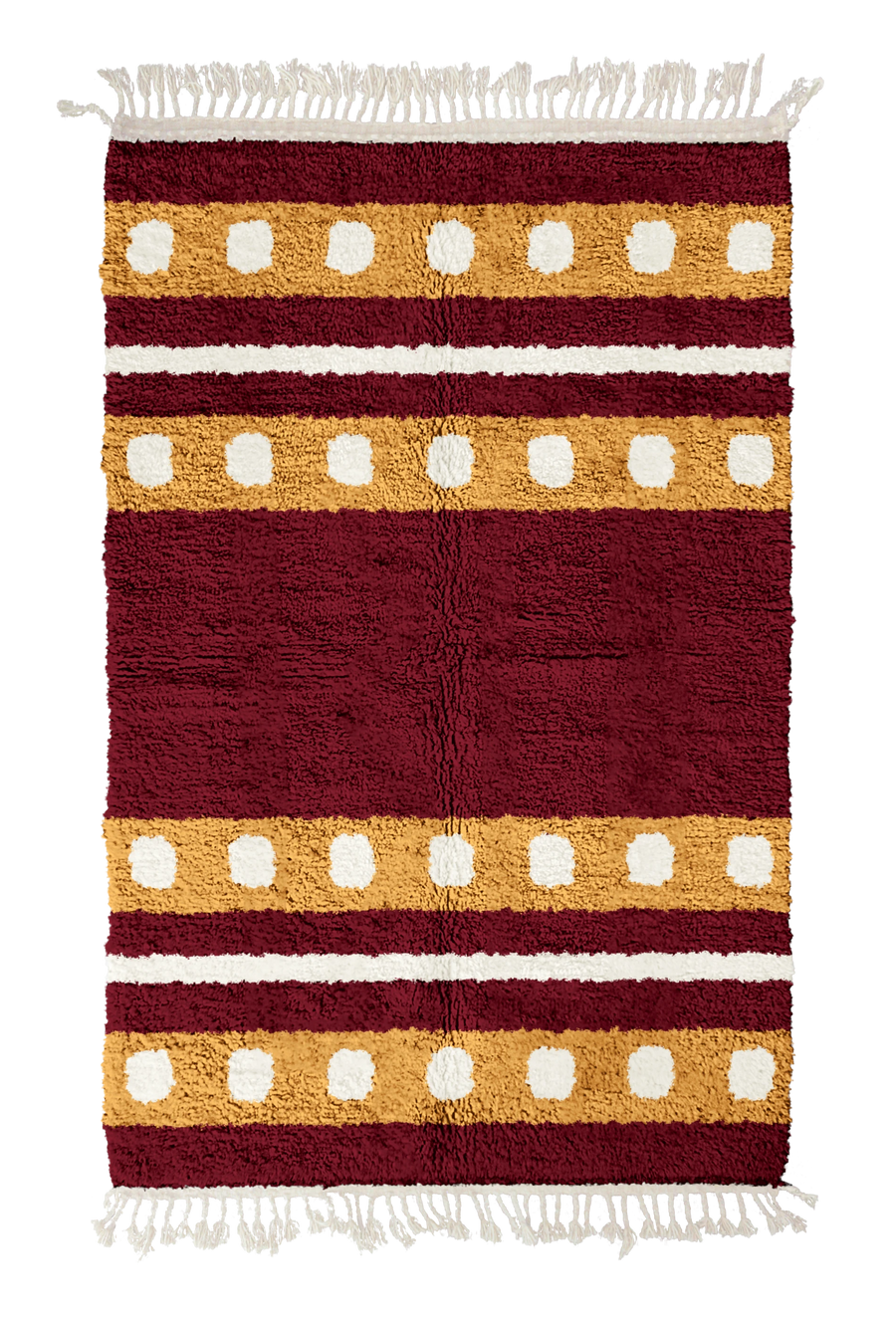 Dot Bands striped wool rug, ochre yellow bands and cream stripes on burgundy, full view