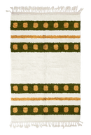 Dot Bands striped wool rug, olive green bands and ochre yellow stripes on cream, full view