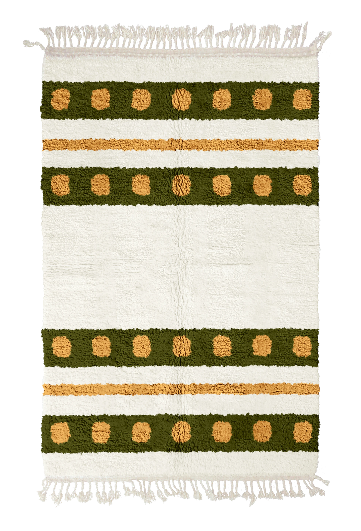 Dot Bands striped wool rug, olive green bands and ochre yellow stripes on cream, full view