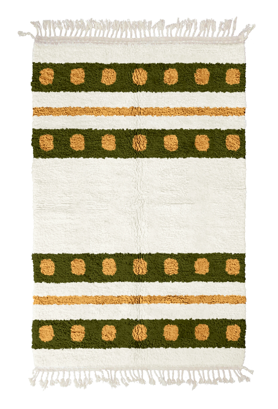 Dot Bands striped wool rug, olive green bands and ochre yellow stripes on cream, full view