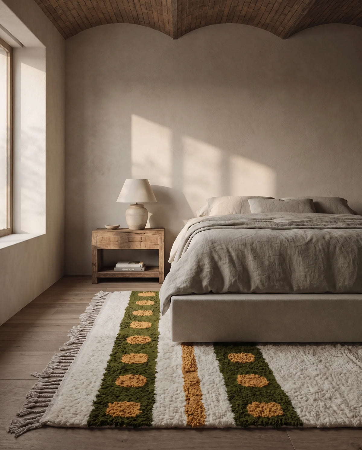 Olive Green, Ochre Yellow and Cream striped wool rug in a furnished room