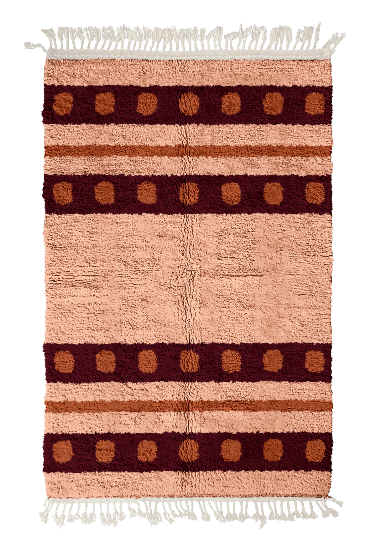 Dot Bands striped wool rug, oxblood red bands and terracotta stripes on blush pink, full view