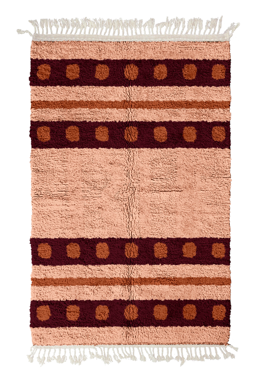 Dot Bands striped wool rug, oxblood red bands and terracotta stripes on blush pink, full view