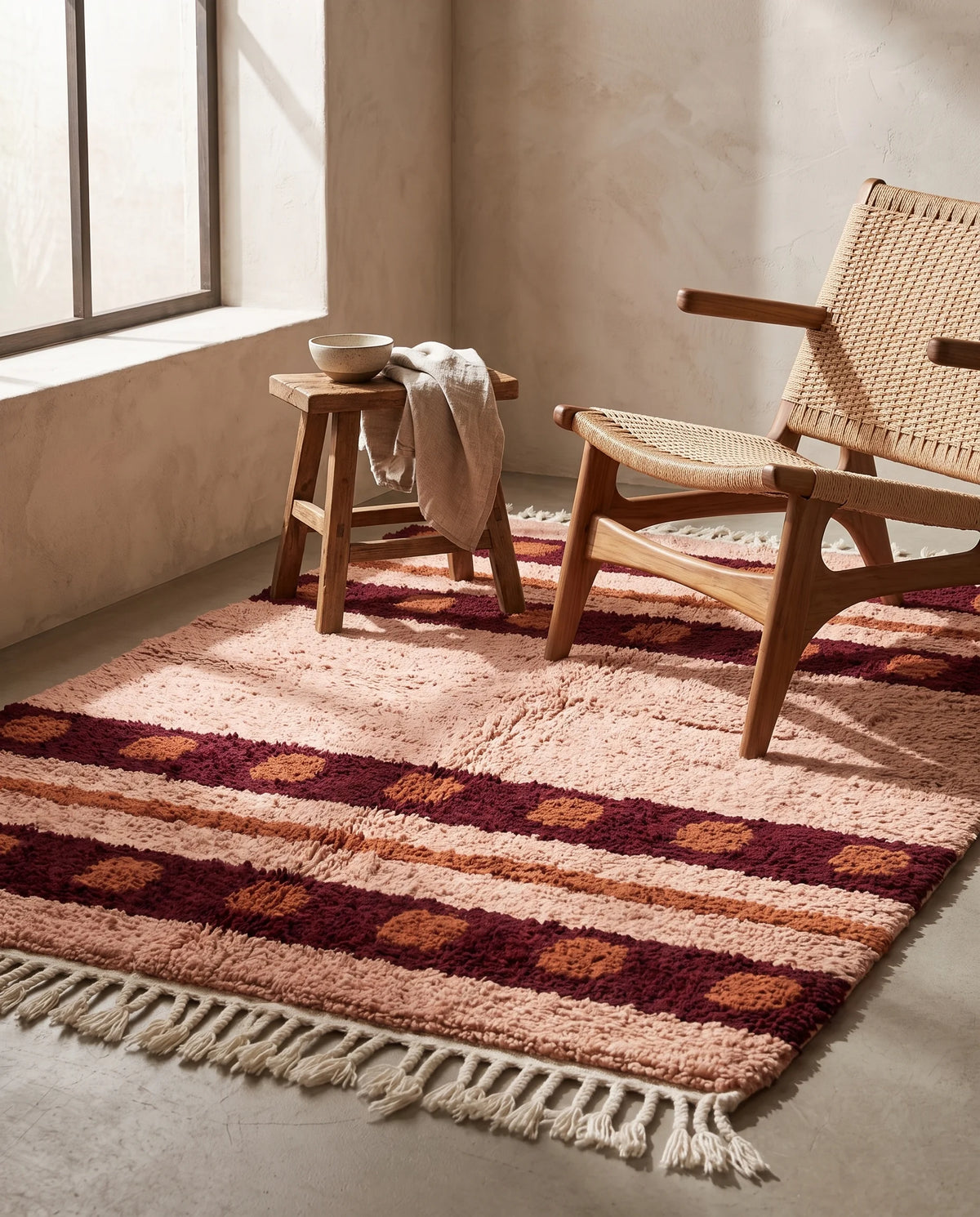Burgundy, Terracotta and Blush Pink striped wool rug in a furnished room