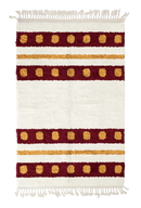 Dot Bands striped wool rug, burgundy bands and ochre yellow stripes on cream, full view