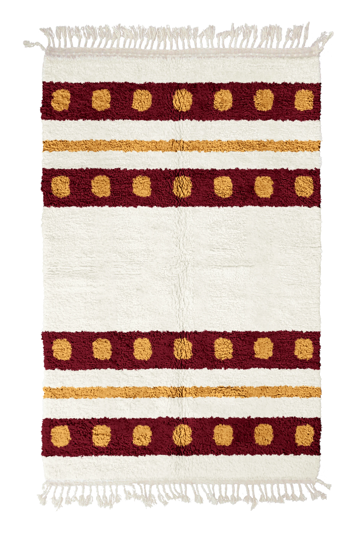 Dot Bands striped wool rug, burgundy bands and ochre yellow stripes on cream, full view