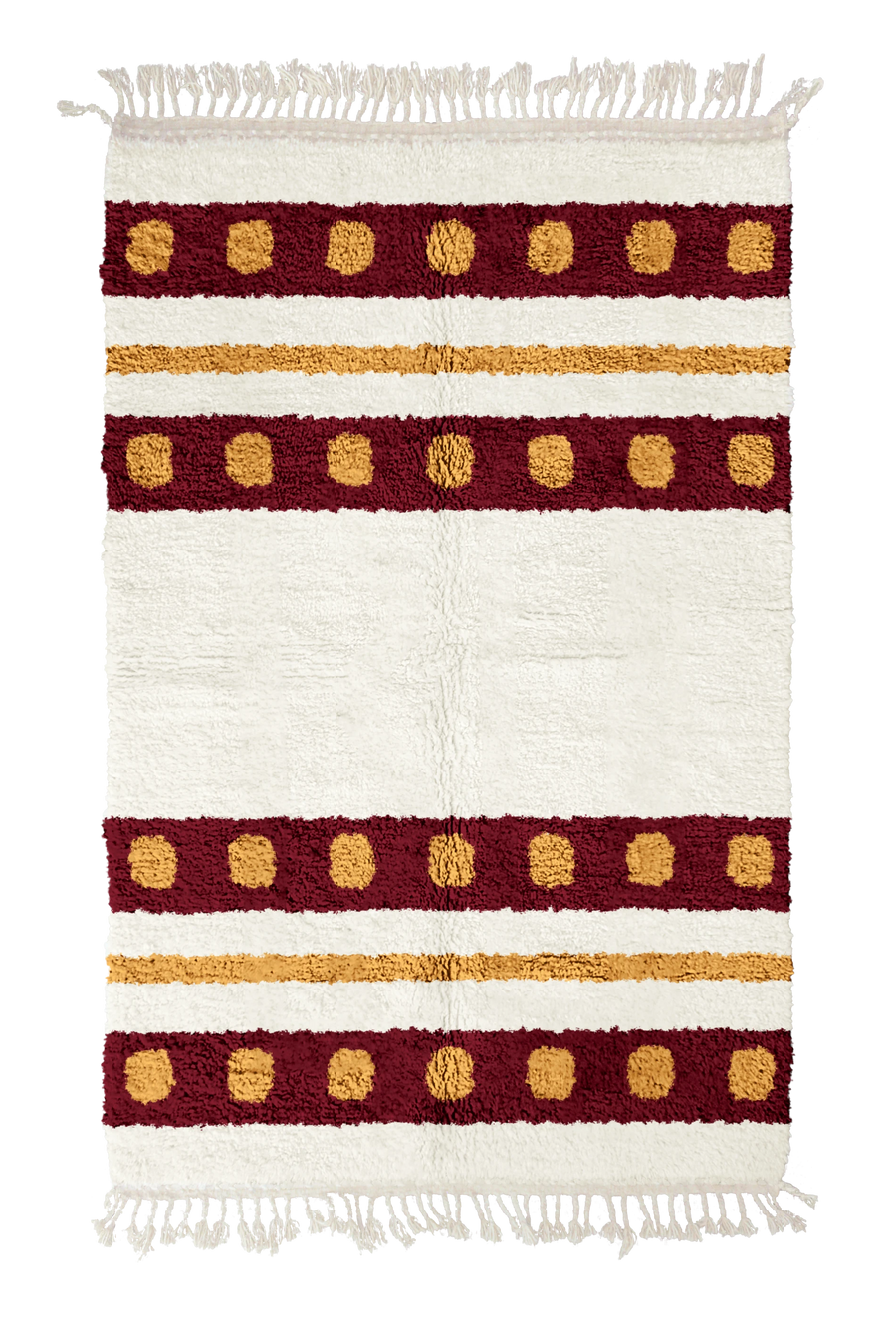Dot Bands striped wool rug, burgundy bands and ochre yellow stripes on cream, full view