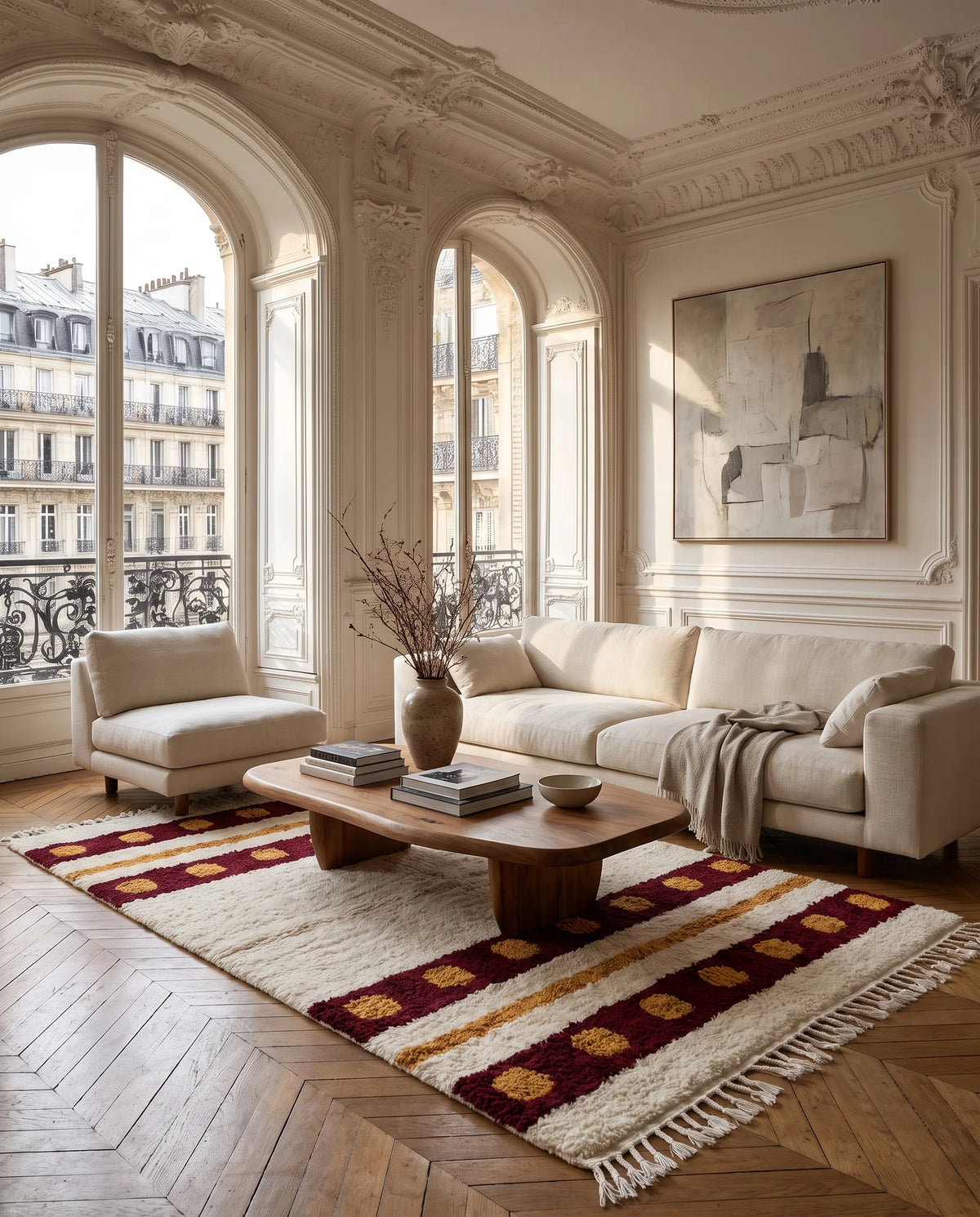 Burgundy, Ochre Yellow and Cream striped wool rug in a furnished room