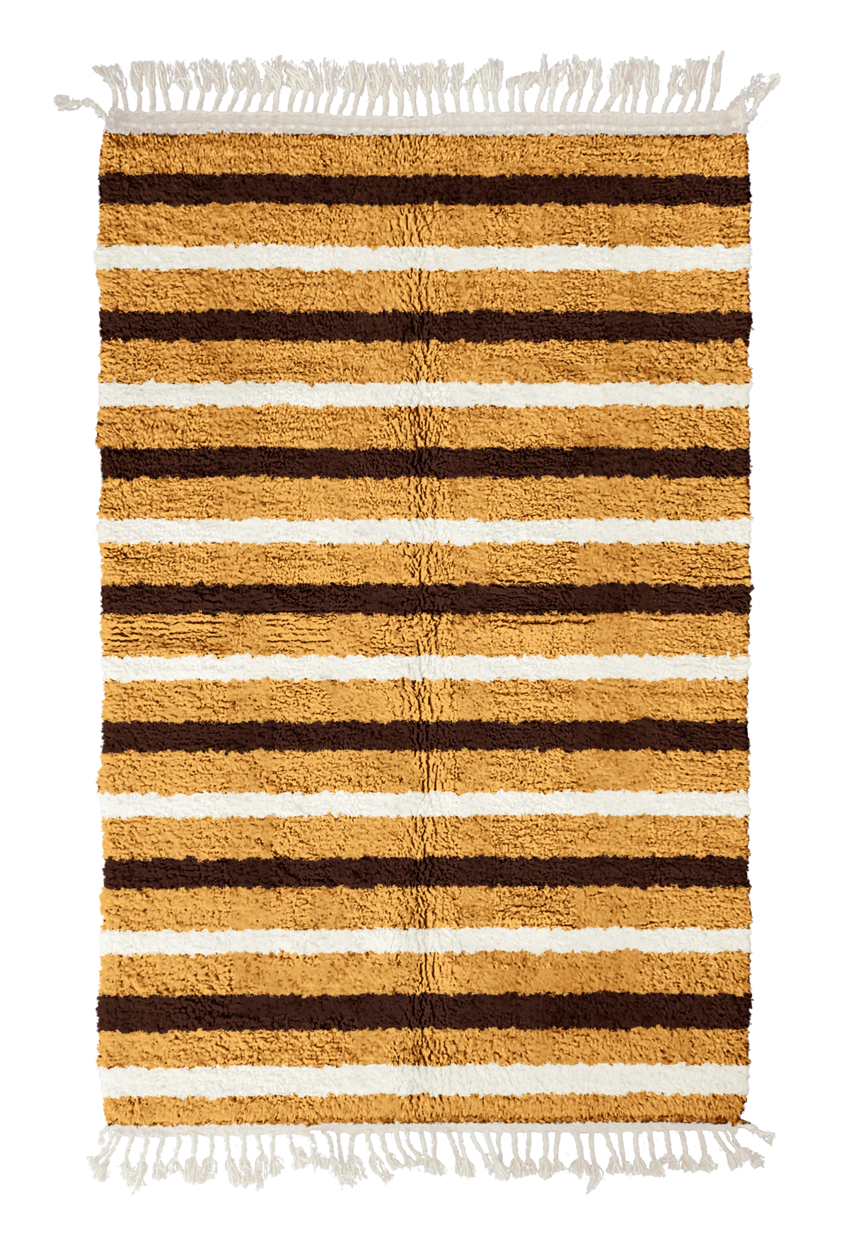 Full Bands striped wool rug, dark brown bands and cream stripes on ochre yellow, full view