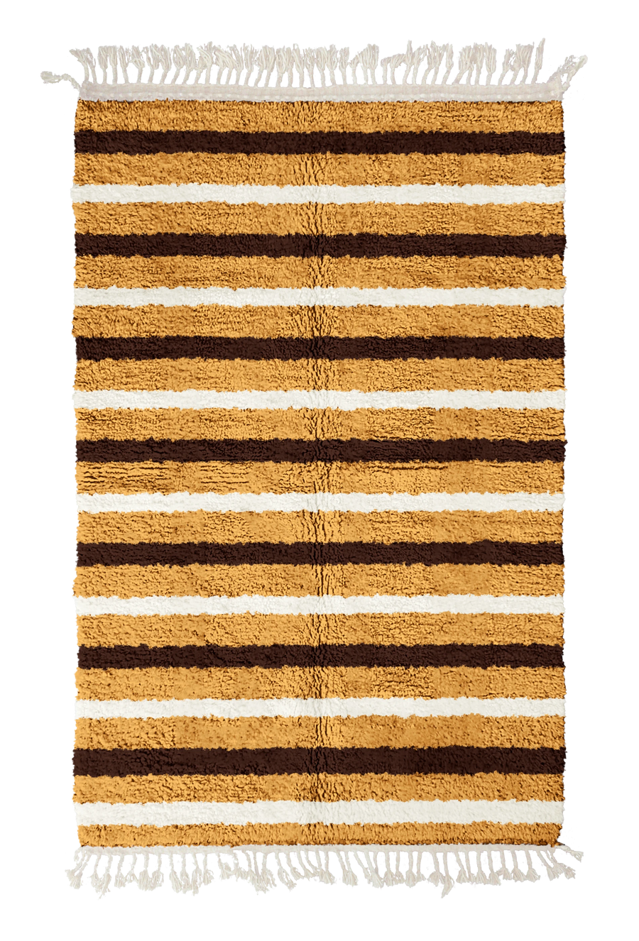 Full Bands striped wool rug, dark brown bands and cream stripes on ochre yellow, full view