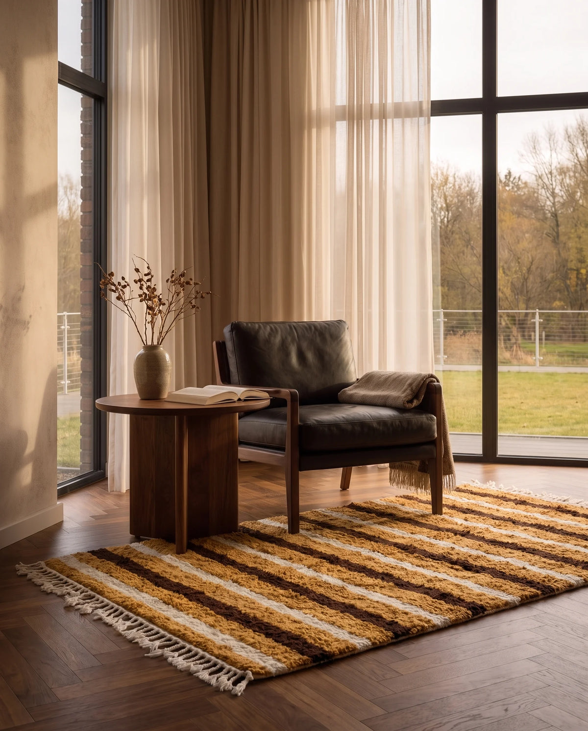 Brown, Cream and Ochre Yellow striped wool rug in a furnished room