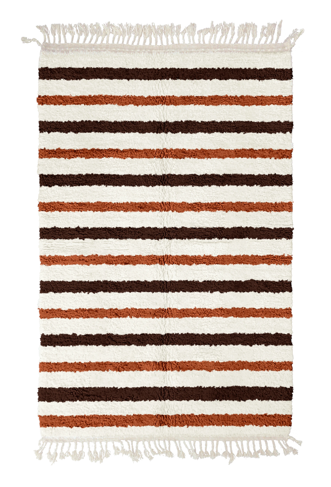 Full Bands striped wool rug, dark brown bands and terracotta stripes on cream, full view