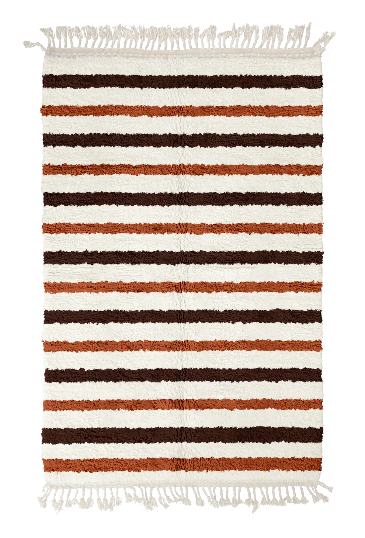 Full Bands striped wool rug, dark brown bands and terracotta stripes on cream, full view