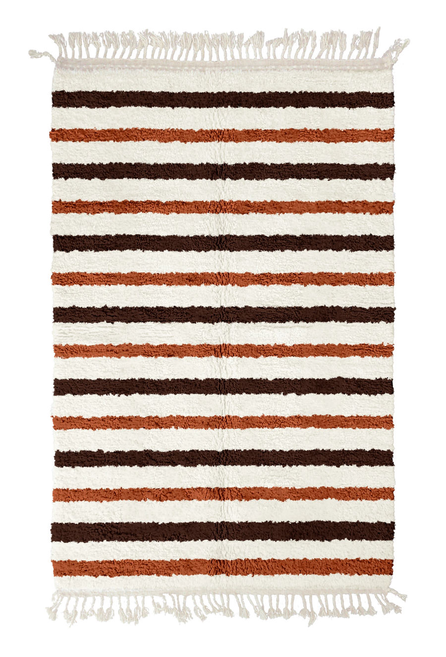 Full Bands striped wool rug, dark brown bands and terracotta stripes on cream, full view