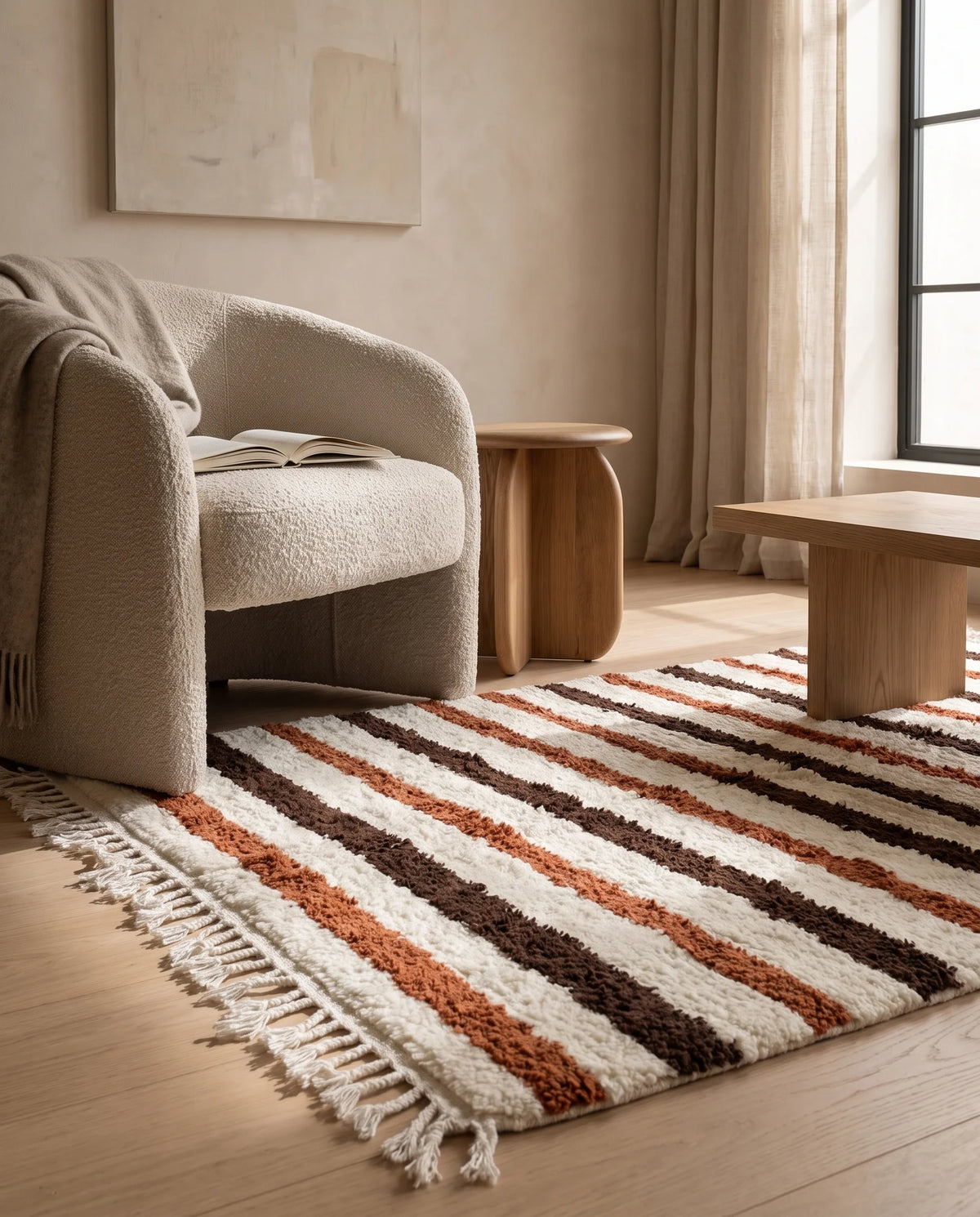 Brown, Terracotta and Cream striped wool rug in a furnished room
